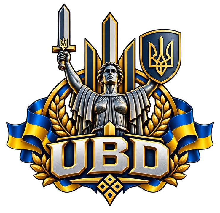 The UBD crest: the Motherland Monument holding a sword and a shield bearing the Tryzub, framed by laurel and the Ukrainian flag